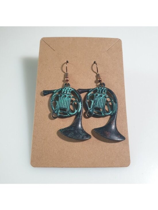 Unbranded Jewelry - French Horn Drop Earrings Teal Black Patina Music Charm Hook Dangle Finish Gift